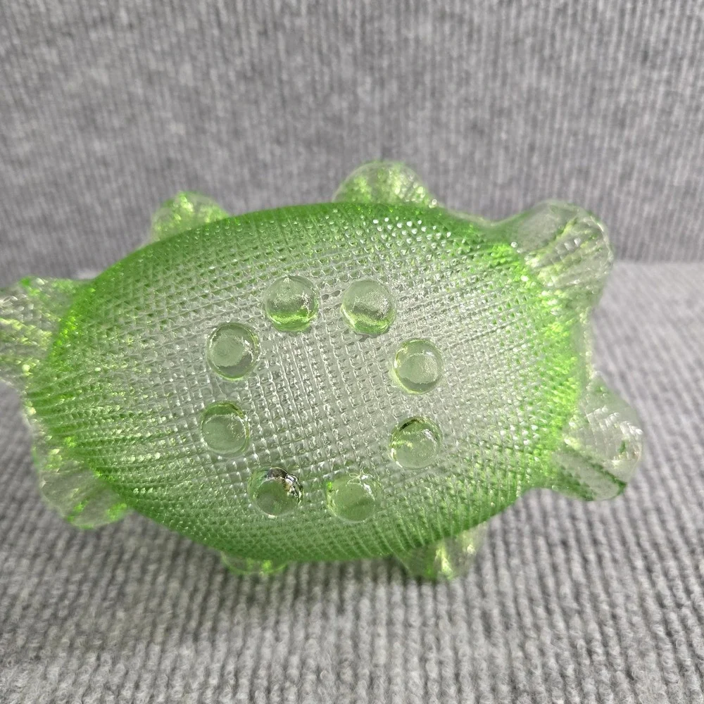 Fenton Green Glass Basket Handled Pinched Edge Hobnail Basket Dish